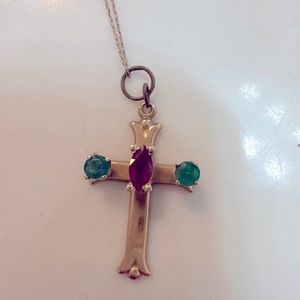 10 k gold cross pendant with genuine ruby and emerald stones